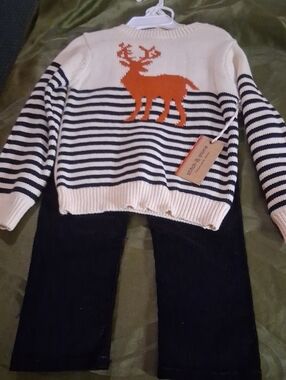 Kids Cream & Navy Striped Sweater Set with Orange Reindeer And Pants